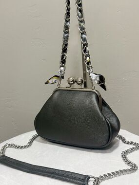 Gray Togo Cowhide Calfskin Handmade Kisslock Frame Bag, Multi Use Style